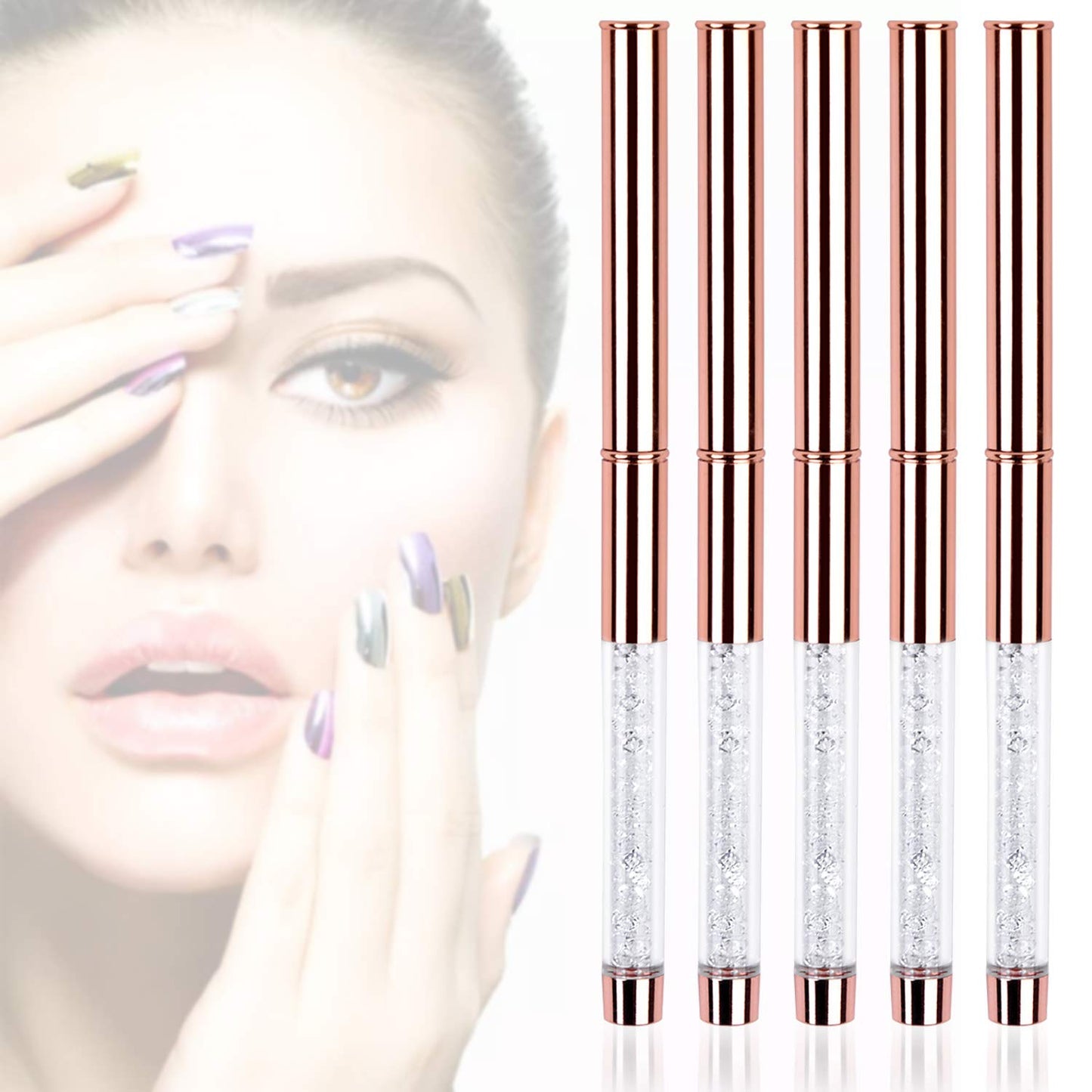 Ycyan 5pc Nail Art Brush Set - Rose Gold Rhinestone Handles with Gel Polish, Liner, Drawing Brushes for Salon & DIY Manicure