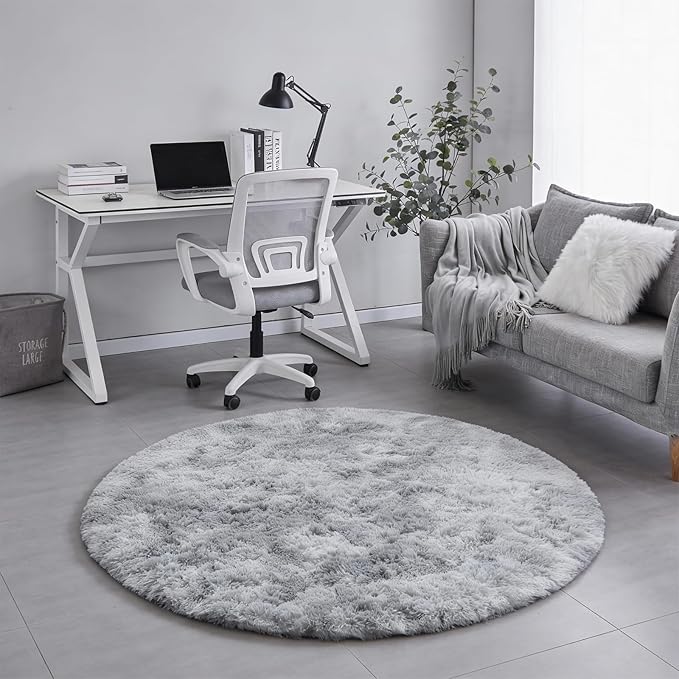 Amdrebio Tie-Dyed Light Grey Round Area Rugs for Living Room, 6x6 Ft, Soft Large Circle Rugs for Bedroom, Big Shag Fluffy Fuzzy Carpet for Kids Room, Modern Floor Circular Rug, Furry Farmhouse Rug