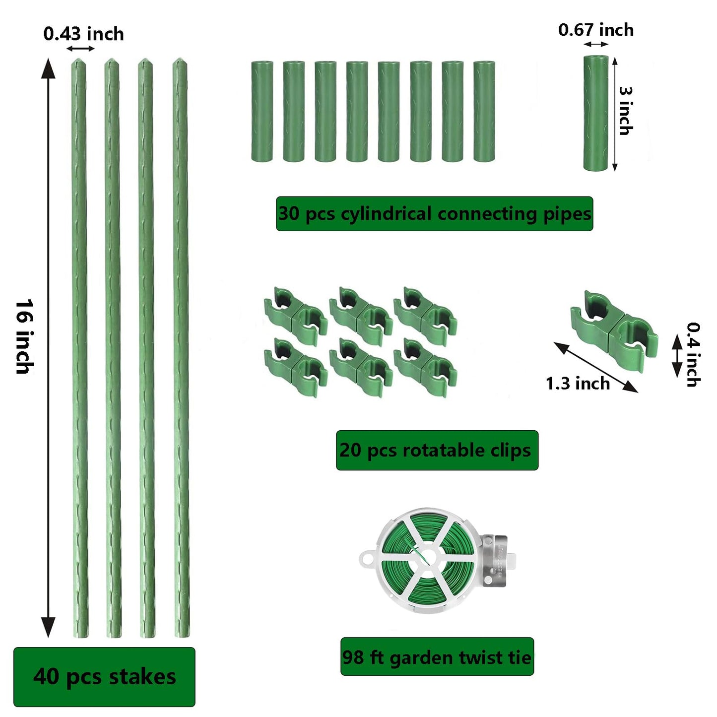 Garden Stakes Kit, 40 Sets 16 inch 0.43" in Diameter Steel Plant Stick Support (with Accessories Total 91 pcs), DIY 3ft 4ft 5ft 6ft 7ft Sturdy Tomato Stakes for Indoor & Outdoor Gardening Supplies