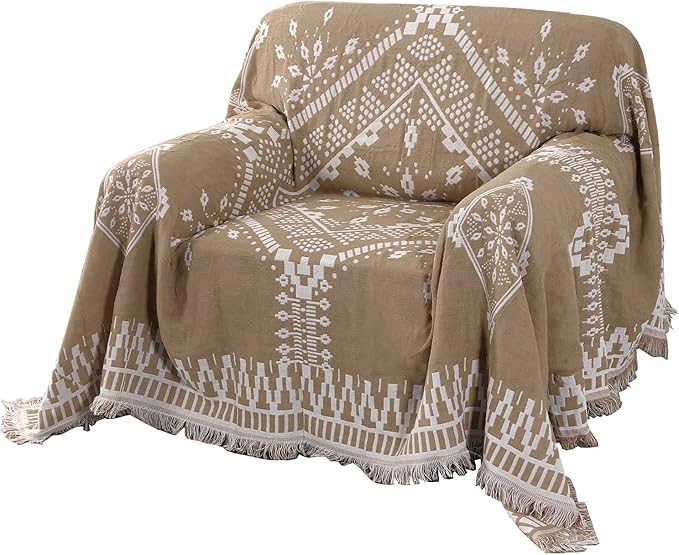 H.VERSAILTEX Reversible Sofa Cover Couch Cover for Dog Sofa Slipcover for Most Shape Sofa Furniture Protector with Tassels Sectional Couch Cover (Medium: 71" x 91", Sand/White)