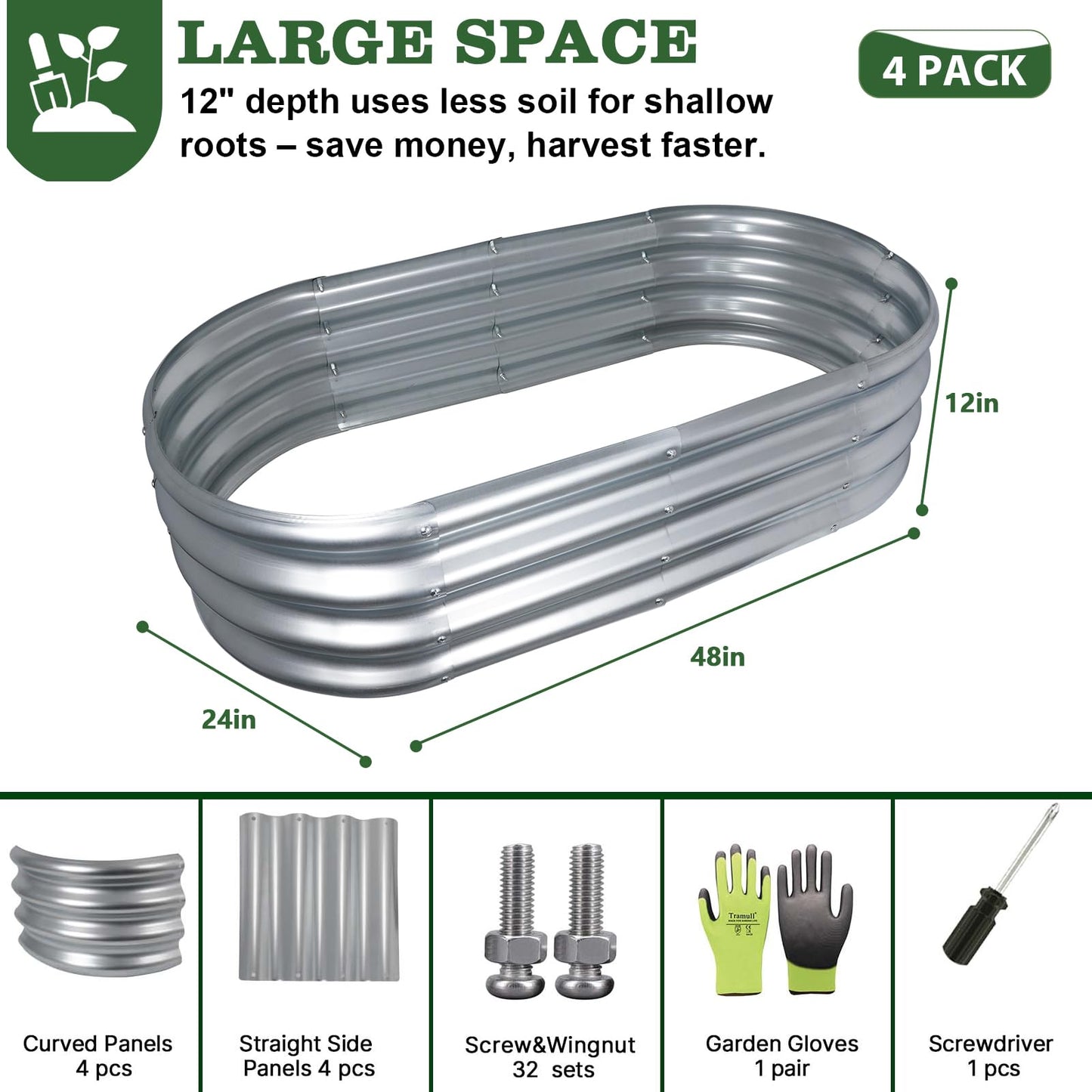 Tramull 4x2x1 ft Galvanized Raised Garden Bed Outdoor, 4-Pack 12" Tall Metal Planter Boxes for Planting Vegetables, Flowers, Herbs, Tomato - Corrugated Rust-Resistant Elevated Garden Beds Kit, Silver