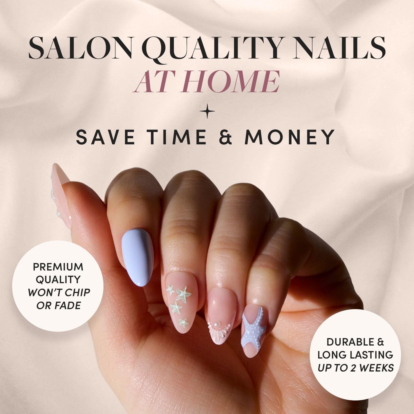 Glamnetic Press-On Nails Bundle - Salty Waves & Think Pink | Short Almond Starfish Fake Nails with 3D Nail Art | Light Pastel Pink Short Oval Fake Nails | Reusable, Salon-Quality Nail Kits