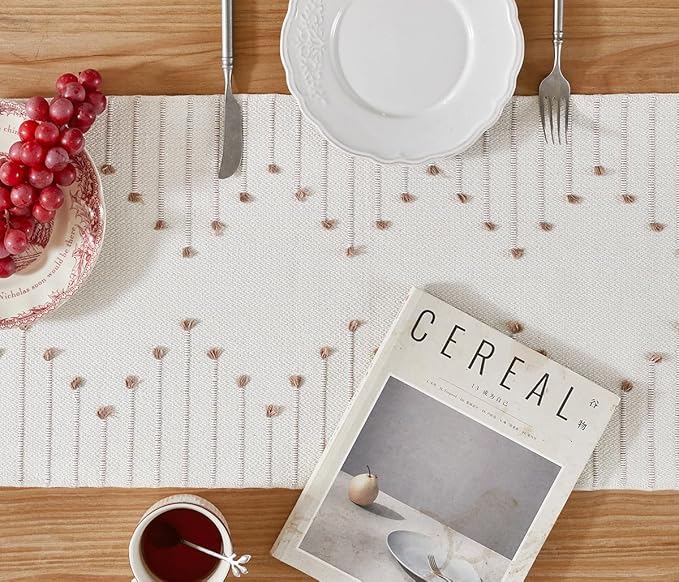 Wracra Boho Table Runner, Natural Cotton Woven Macrame Table Runners 36 Inches Long for Modern Farmhouse Woven Home Decor, 14x36 Inch, Taupe