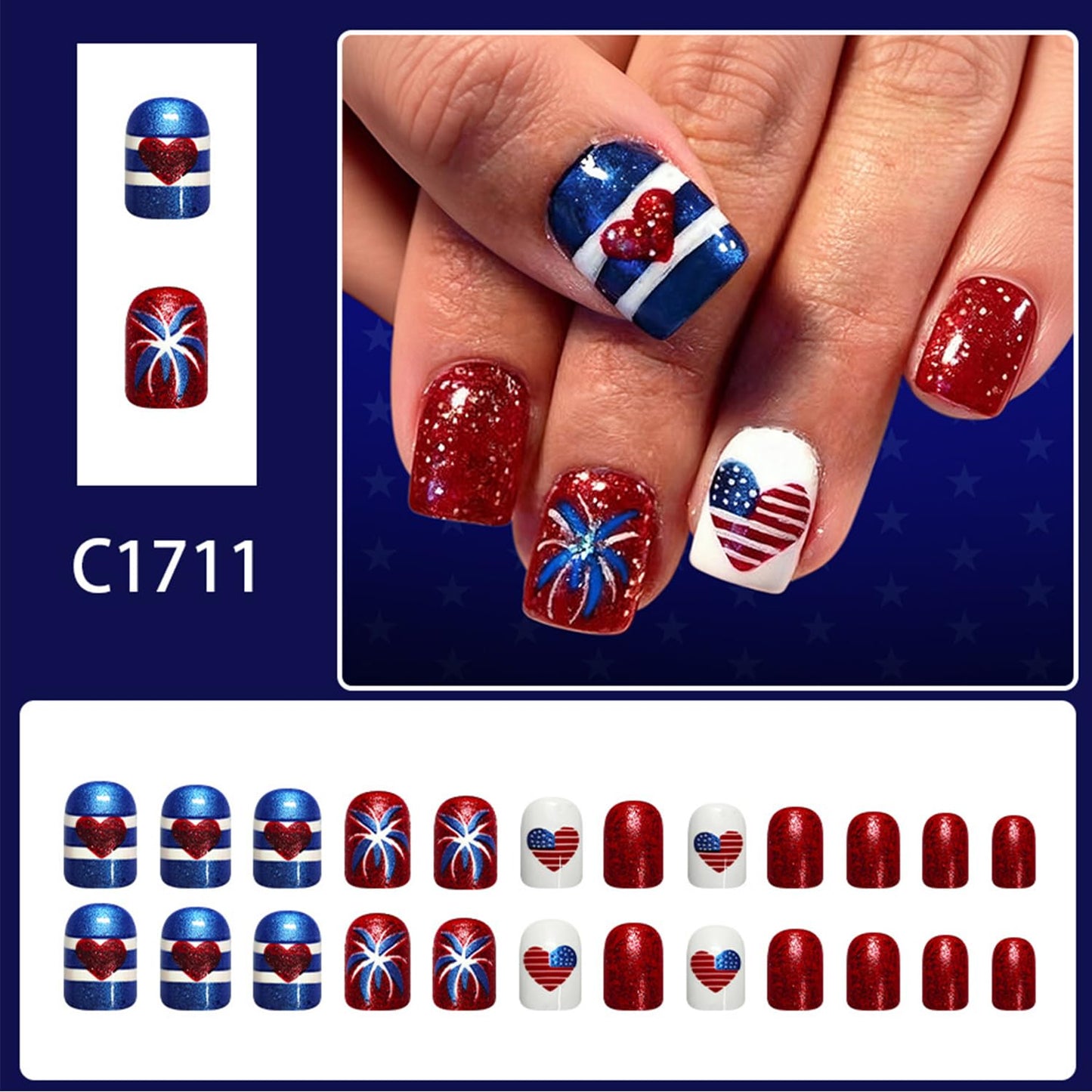 4th of July Press on Nails Square Shaped Artificial Acrylic Love Heart US Flag White Lines with Fireworks Glitter Short Independence Day Press Ons Artificial Fingernails for Women Holiday Manicure