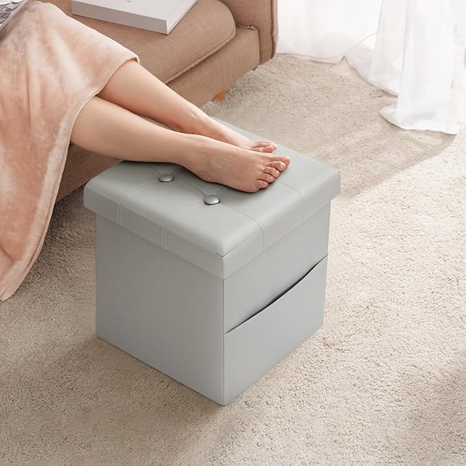 Storage Ottoman Foot Rest Stool, Small Leather Storage Ottomans Bench, Folding Footstool with Side Pockets, Foot Rest Under Desk for Living Room Bedroom, 15x15x15 in, Grey