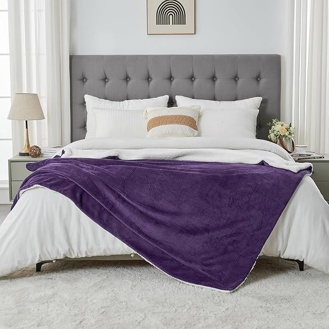 SOCHOW Waffle Sherpa Fleece Throw Blanket, Super Soft Fuzzy Warm, Lightweight Fluffy Reversible Plush Blanket for Bed Sofa Couch, 50 x 60 Inches Dark Purple