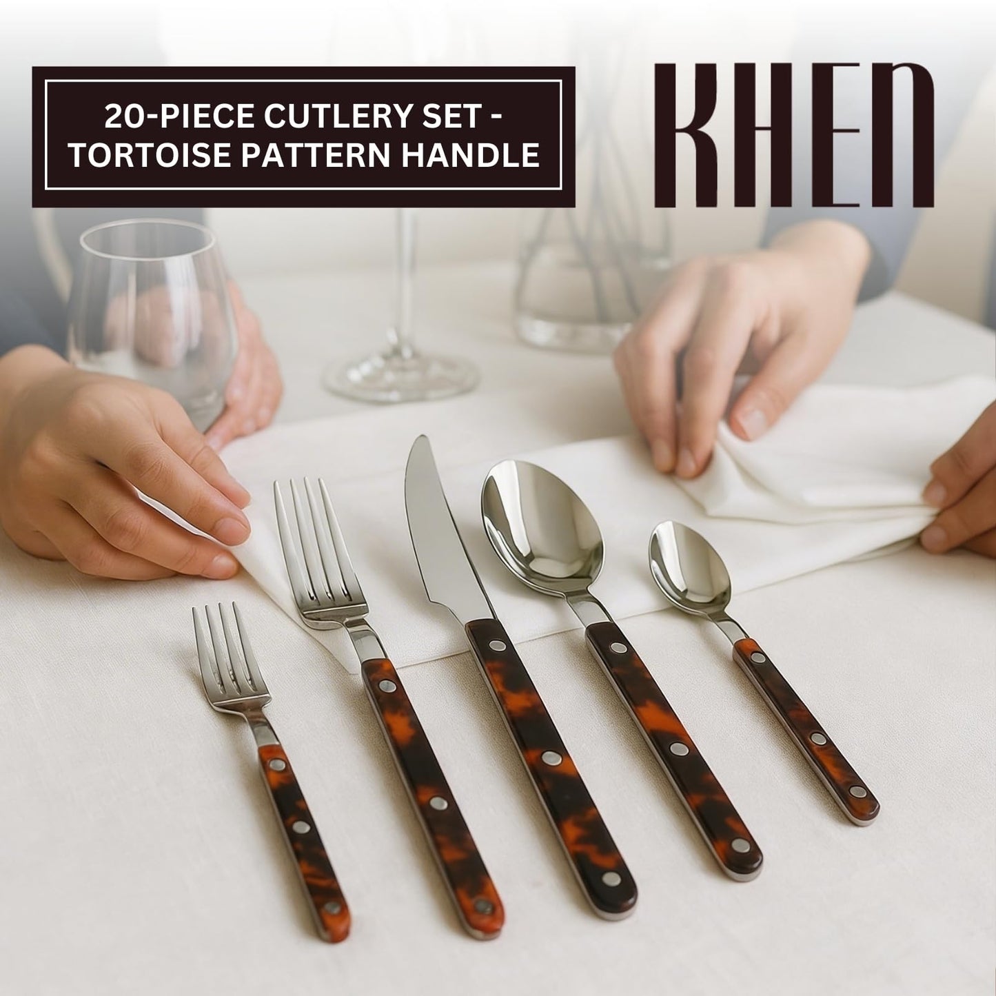 Khen Premium Stainless Steel Flatware Set, 20 Piece Tortoise Cutlery Collection, Mirror Polished Tableware Utensils for Kitchen Dining, Elegant Modern Design with ABS Handle, Durable Dinnerware