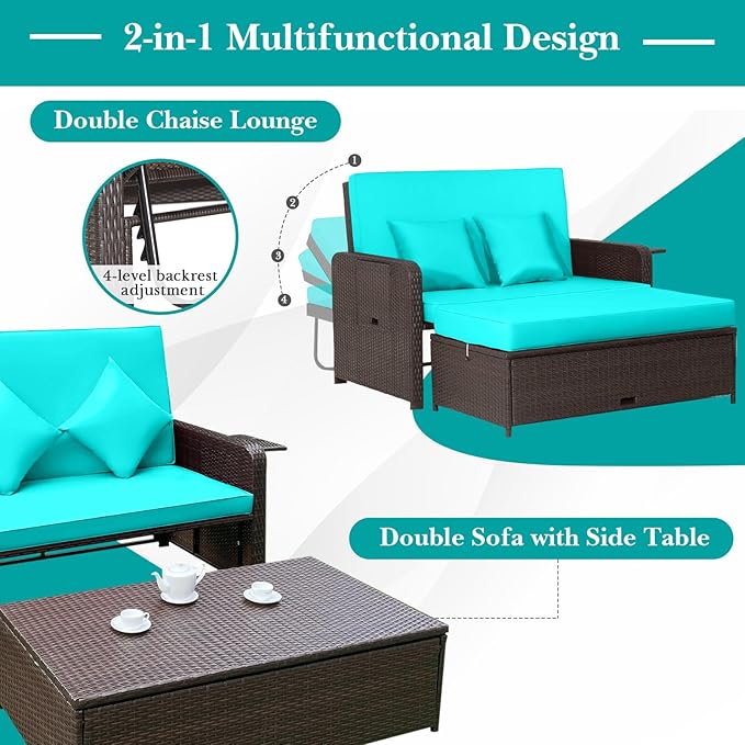 HAPPYGRILL Patio Rattan Wicker Daybed with Loveseat & Storage Ottoman, Outdoor Lounge Sofa Furniture Set with Adjustable Backrest & Side Trays, for Poolside Deck Porch Lawn (Mix Brown & Turquoise)