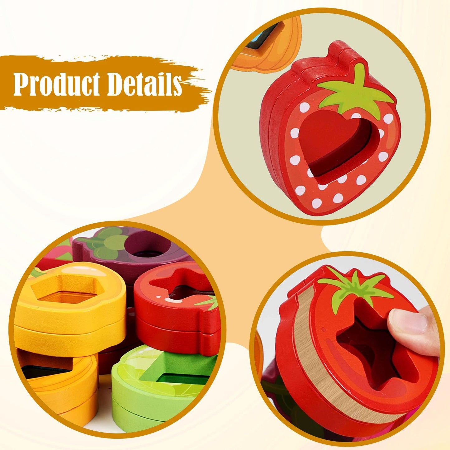 Wooden Stacking Blocks for Kids, 10-Piece Sensory Toy Set with Acrylic Fruit & Vegetable Shapes, Fine Motor Skills Gift for Boys Girls