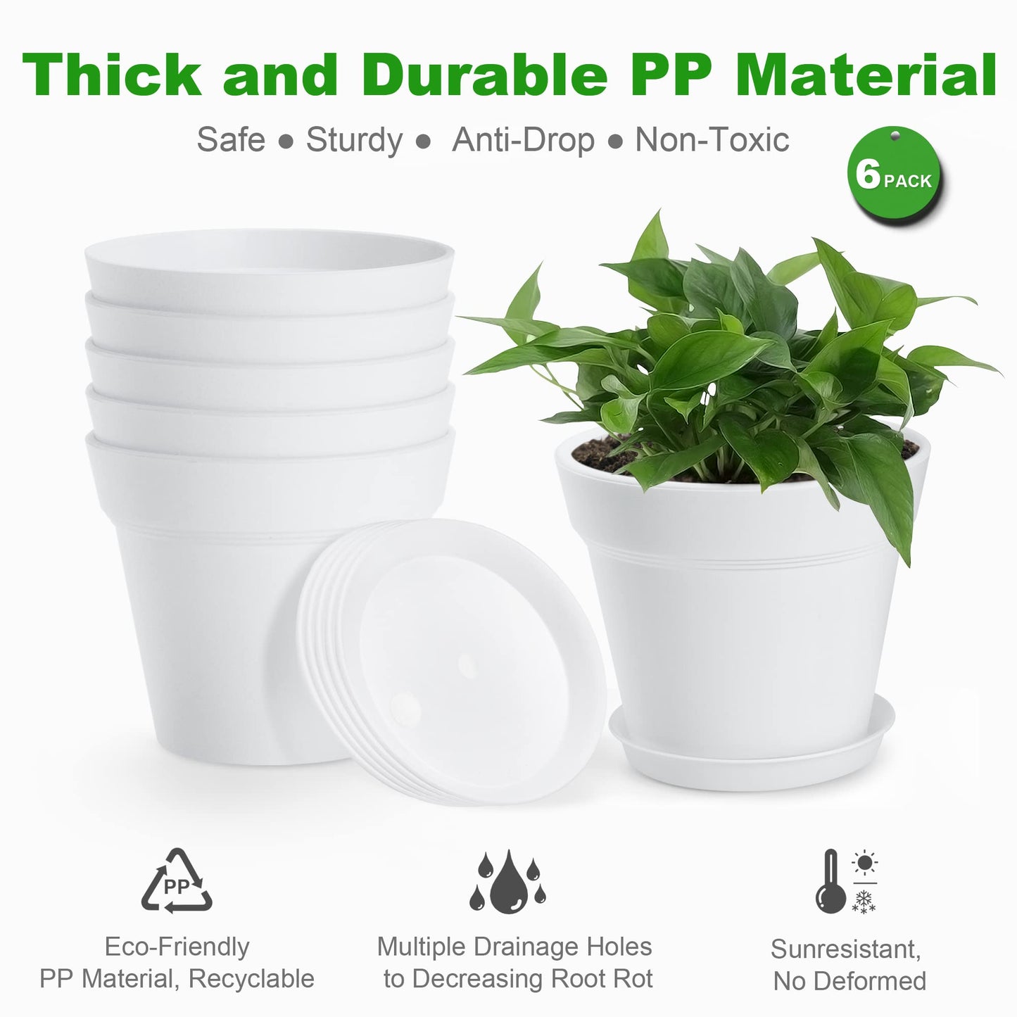FHWTY 6 Pack 7in Plastic Plant Pots Black & 6 Pack 7in Plastic Plant Pots White