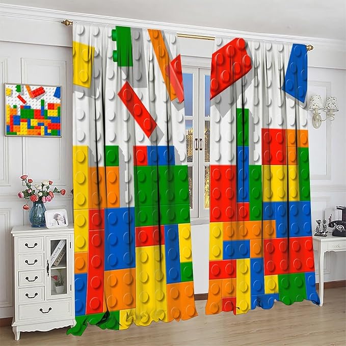 Building Blocks Toy Curtain Rod Pocket Children's Nursery Abstract Outline Colorful Plastic Toy Brick Geometric Print Pattern Curtain Boys Girls Bedroom Playroom 2 Panels 55x63in