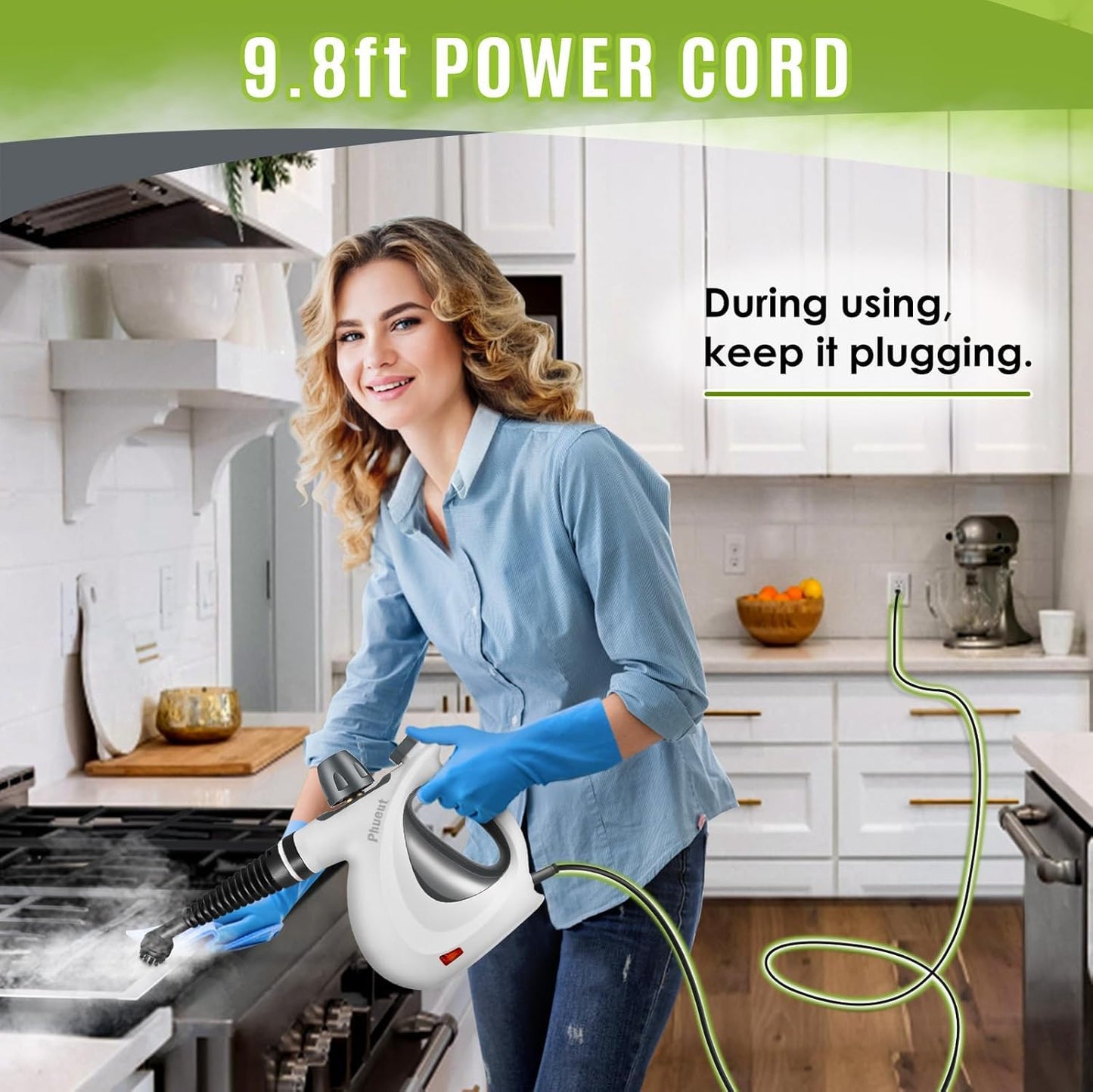 Pressurized Handheld Multi-Surface Natural Steam Cleaner with 12 pcs Accessories, Multi-Purpose Steamer for Home Use, Steamer for Cleaning Floor, Upholstery, Grout and Car (Grey) (Grey)