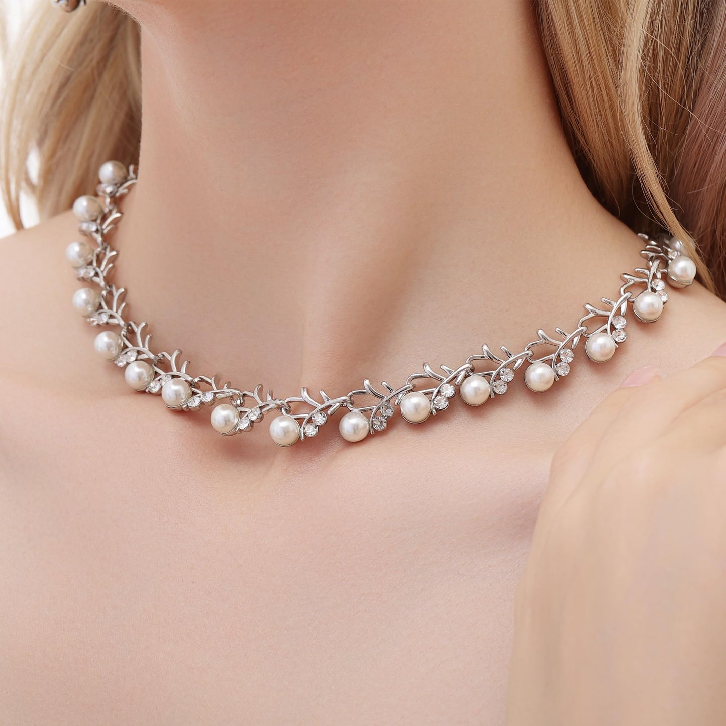 AILUOR Pearl Jewelry Set for Women - 14K Gold/Silver Plated Pearl Necklace, Earring & Bracelet Set - Wedding Bridal Gift (3pcs Silver)