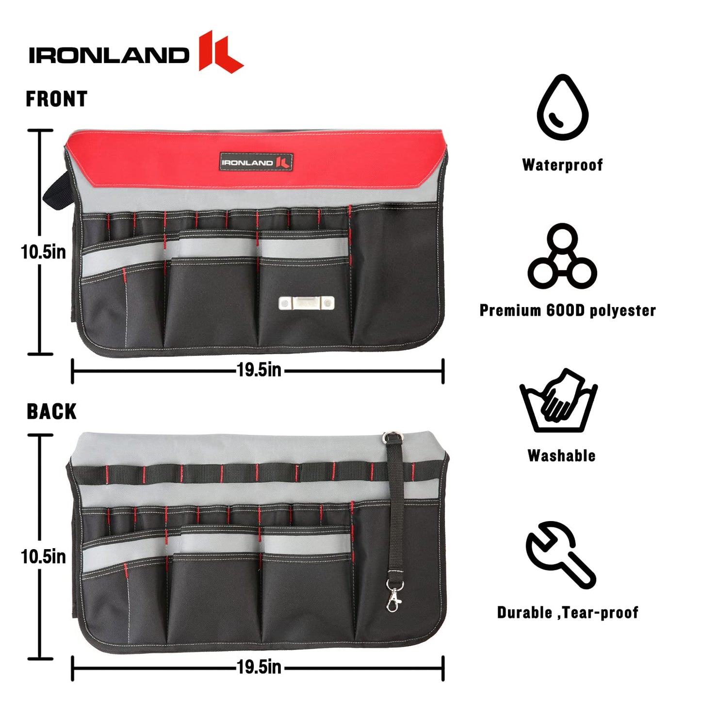 IRONLAND Bucket Tool Organizer Fit 3.5-5 Gallon Bucket, 51 Pockets, Bucket Tool Caddy Organization for Garden, Construction, Carpenter, Electrician, Welding, Builder Red & Black