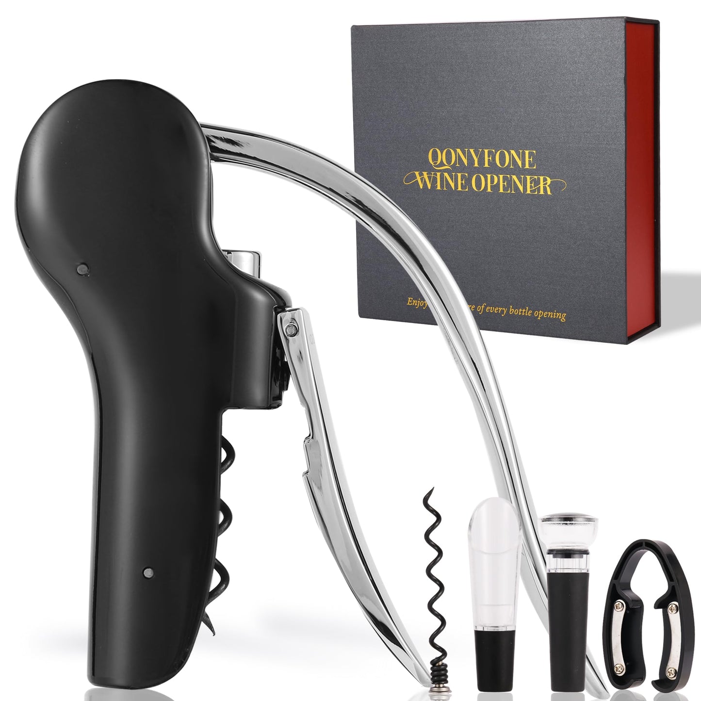 QONYFONE Wine Bottle Corkscrew Opener, Vertical Lever Corkscrew 5-Piece Set, Manual Vertical Design, Includes Wine Foil Cutter, Extra Spiral, Wine Pourer and Wine Stopper, Elegant Gift Box, Black