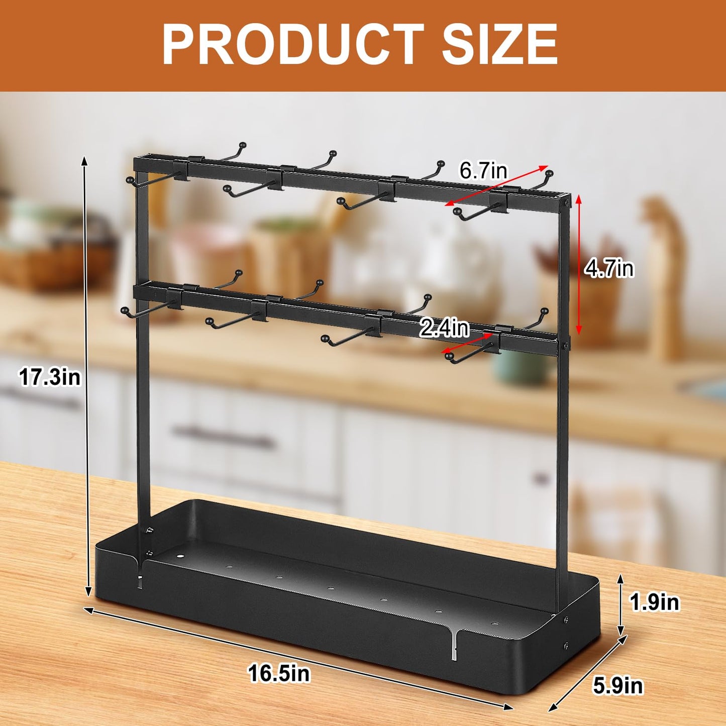 CWYEYE Coffee Mug Holder for Countertop, Cup Holder Rack with Slidable 16 Hooks, Large Mug Holder with Storage Base for Coffee Bar, Kitchen, Dining Room - Black