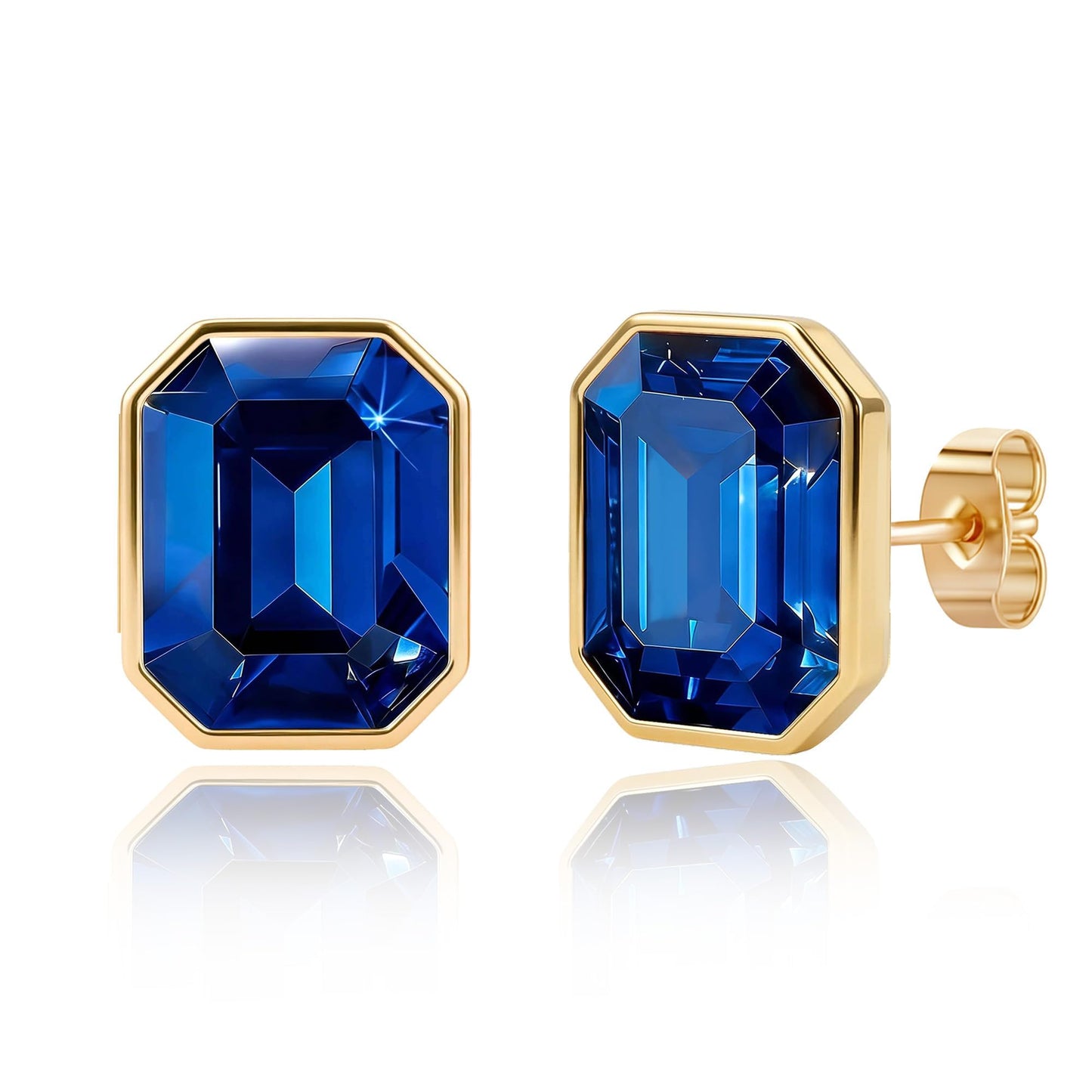 Austrian Crystal Octagon Stud Earrings for Women Fashion 925 Sterling Silver Post Hypoallergenic Jewelry (Sapphire)