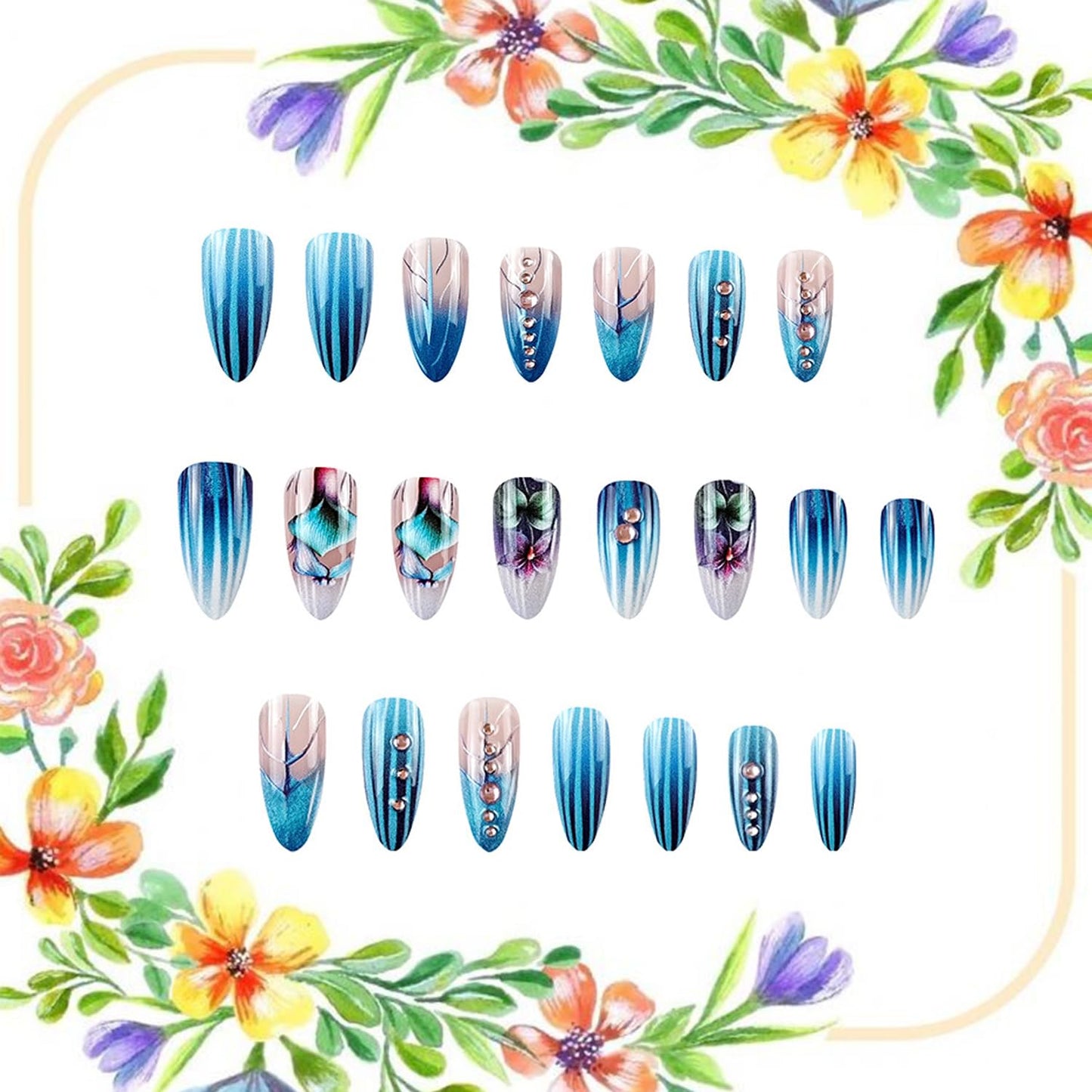 Blue Press on Nails Medium Almond Shaped Flower Pattern Design Gradient False Nail Glitter Rhinestones Artificial Acrylic Stick on Nails Press Ons with Design Stripes Manicure Glue on Nails for Women