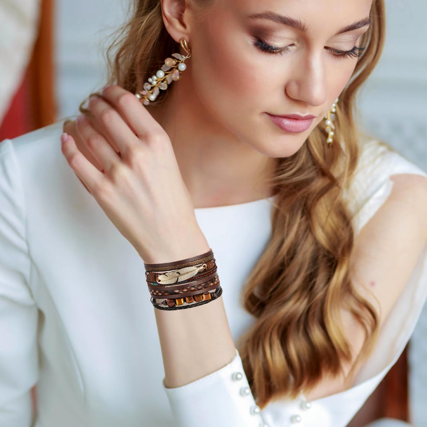 Leopard Bracelet for Women, Boho Leather Wrap Multi-Layer Pearl Crystal Bracelet Bangle Jewelry (Cube(Brown))