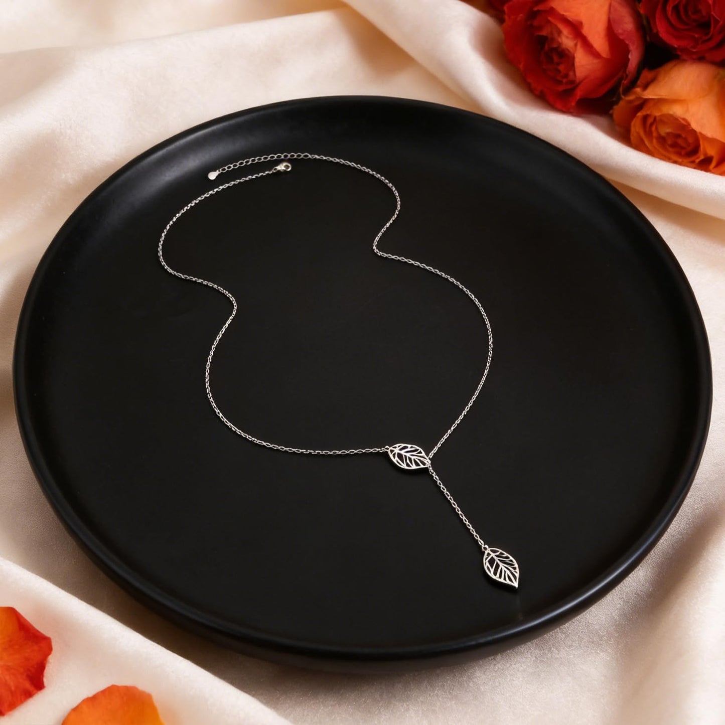DAOCHONG Long Necklace Sterling Silver Leaf Larait Bar Y Lariat Long Chain Drop Adjustable Necklace for Her, 30"
