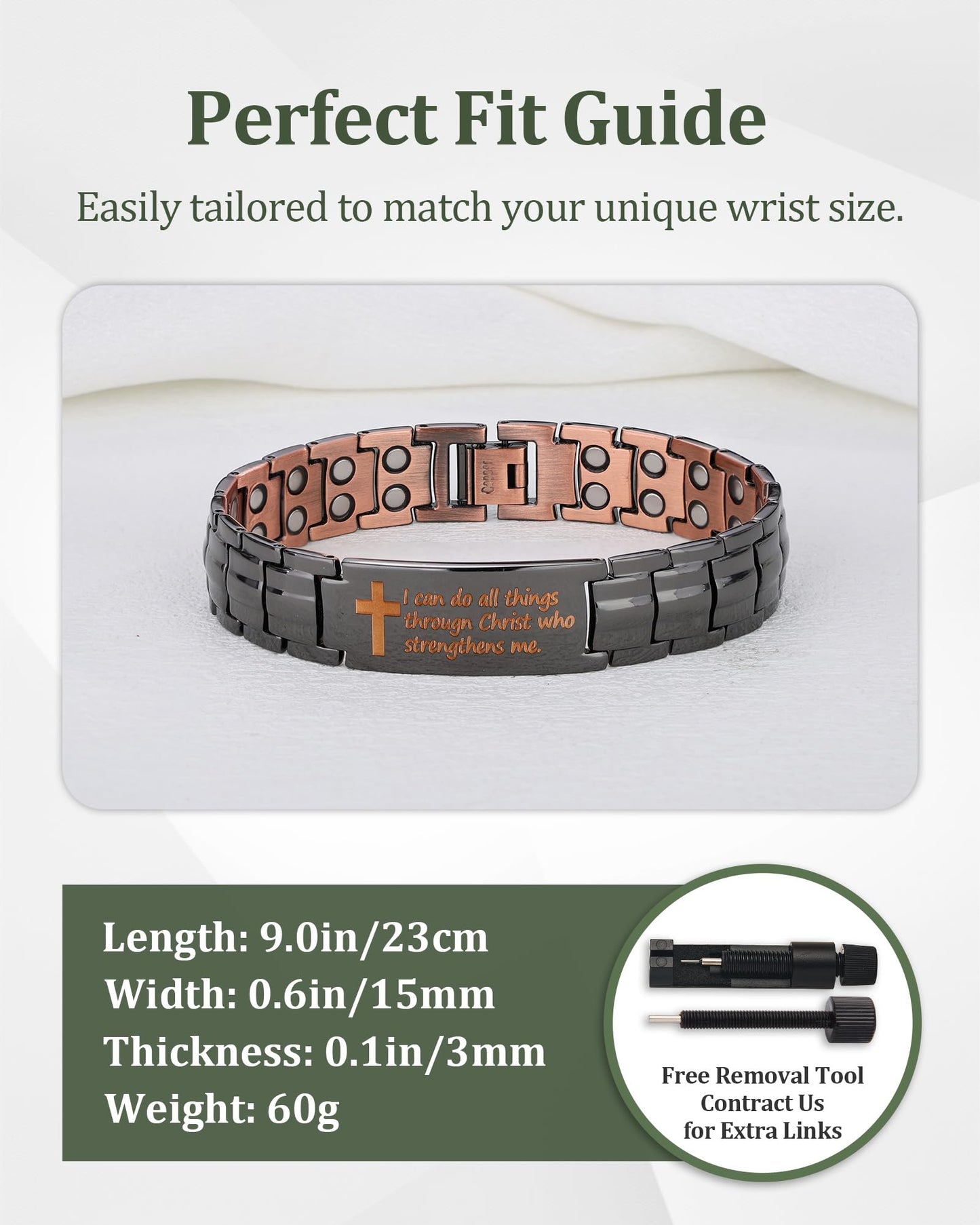 Fashtour Copper Cross Bracelet for Men - Ultra Strength Magnetic Mens Cross Jewelry Set - Adjustable Magnetic Bracelet with Sizing Tool Jewelry Box (Philip 4:13)