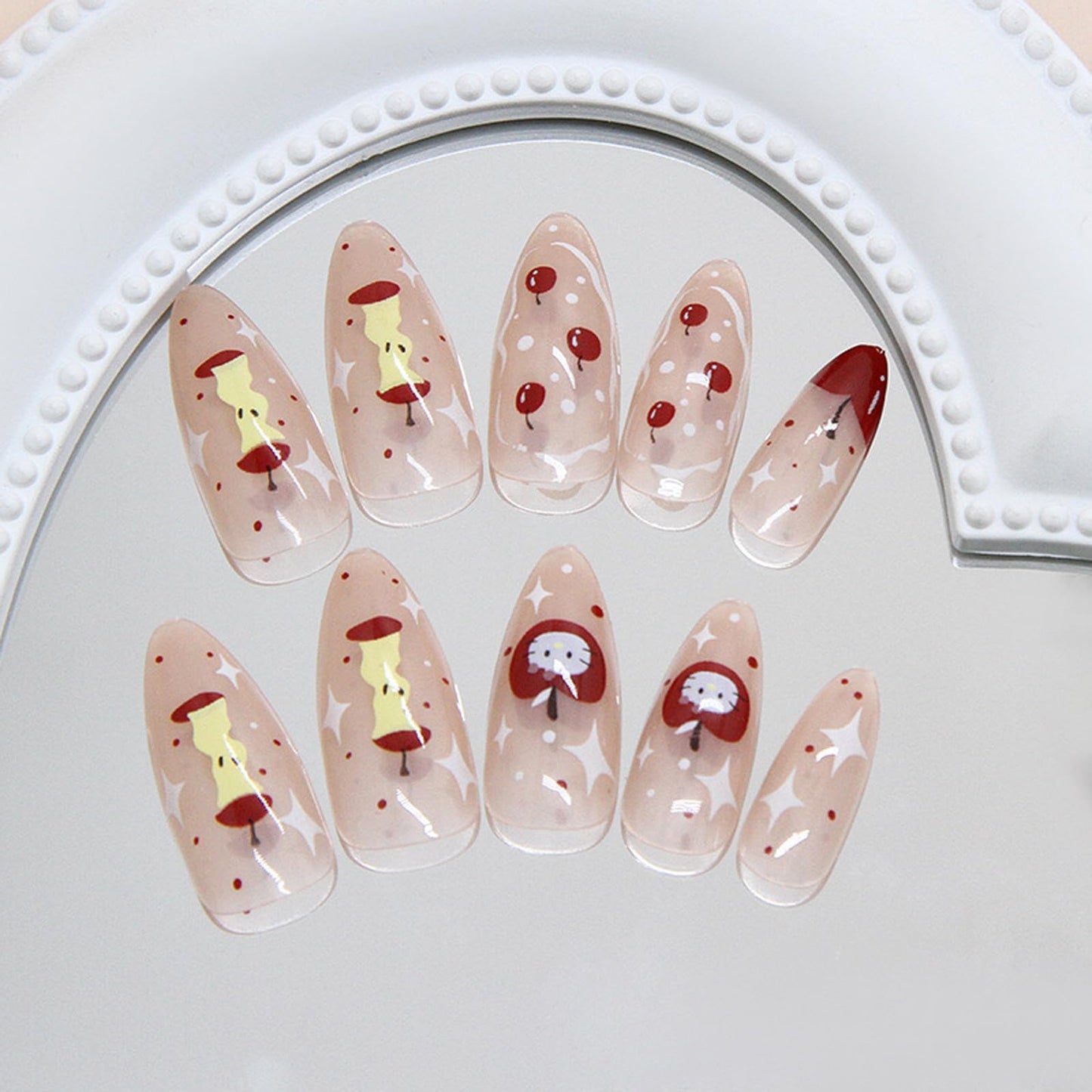 IMSOHOT Press on Nails Medium Almond Fake Nails Red Apple Acrylic False Nails with Cute Kitten Designs Nude Glossy Full Cover Stick on Nails for Women Girls 24Pcs