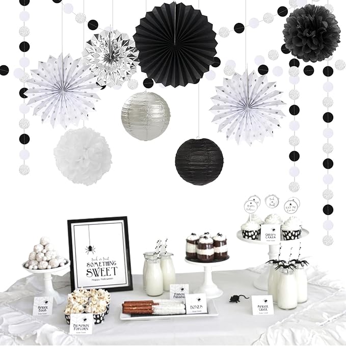 Black-White Silver Party-Decorations Paper-Lanterns - 14pcs New Years Streamers Fan,Tissue Pom Poms,Graduation Men Boys Birthday Wedding Baby Bridal Shower Decor Lasting Surprise