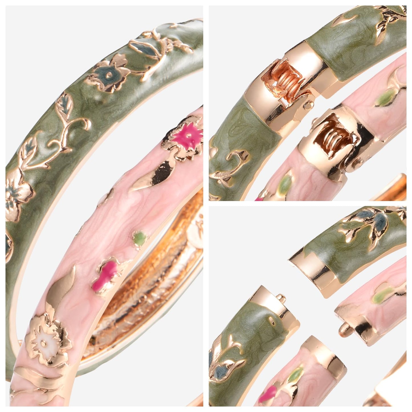 UJOY Elegant Bracelet Plated Enameled Jewelry Spring Hinge Metal Cuff Cloisonne Bangles Set Gift Box Packed 55A82-55A111 Green Pink