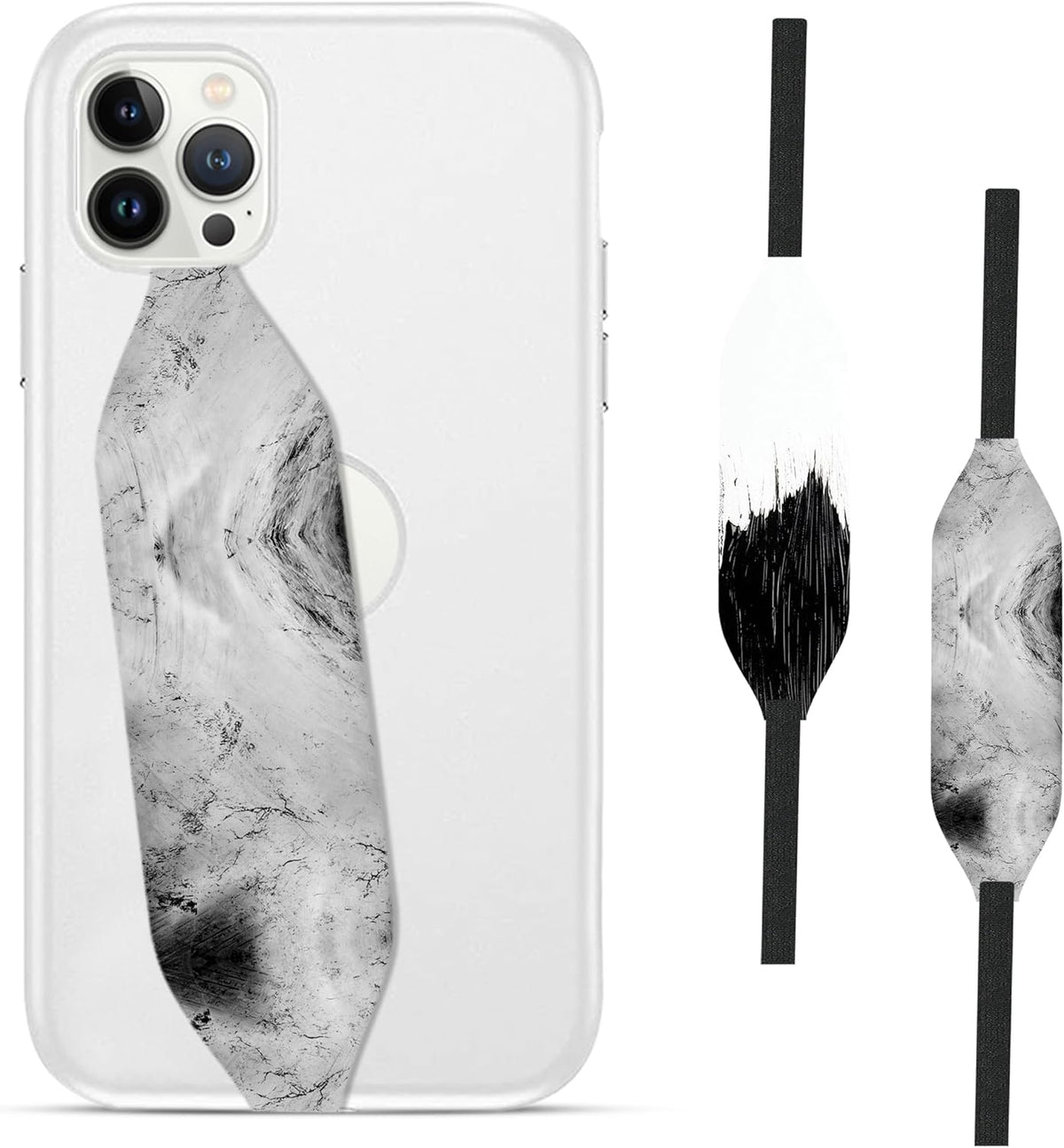 Phone Grip Strap - Pack of 2 Reversible Finger Holder for Phone Back, Customizable Anti-Slip Design, Wireless Charging Compatible Detachable Holder for iPhone - White on Black