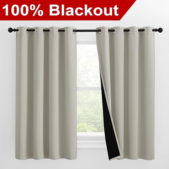 NICETOWN 100% Blackout Curtains 57 inches Long, Double-Deck Completely Blackout Window Treatment Thermal Insulated Lined Drapes for Small Window (Natural, 1 Pair, 55 inches Width Each Panel)