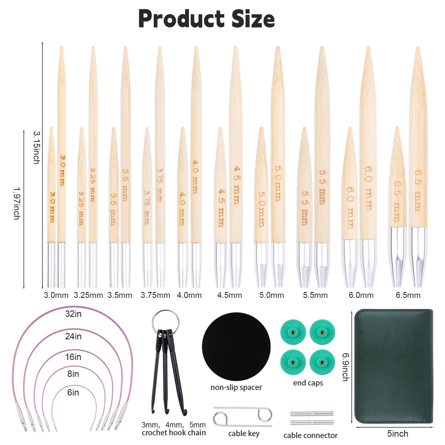 BsHooker Circular Knitting Needles Set with Case,10 Pairs Interchangeable Bamboo Knitting Needles with 5 Flexible Cables 3mm-6.5mm,Short Circular Needles 38Pcs
