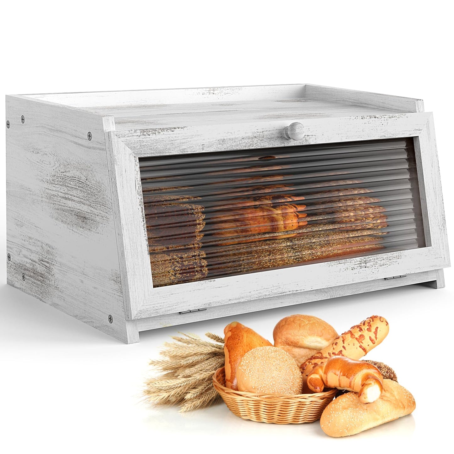 LOHASOK Bread Box for Kitchen Countertop Large Farmhouse Bread Container Bread Storage with Window Wooden Bread Holder