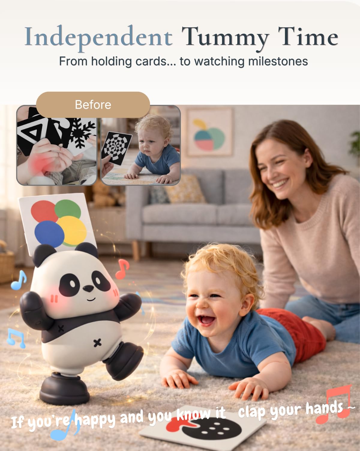 Cuddobaby Dancing Panda | 0-6M 6-12M Musical Toys, Changing Lights| Independent Tummy Time | Hands-Free High Contrast Flash Card Holder for Newborns, Crawling Encourage for Infants