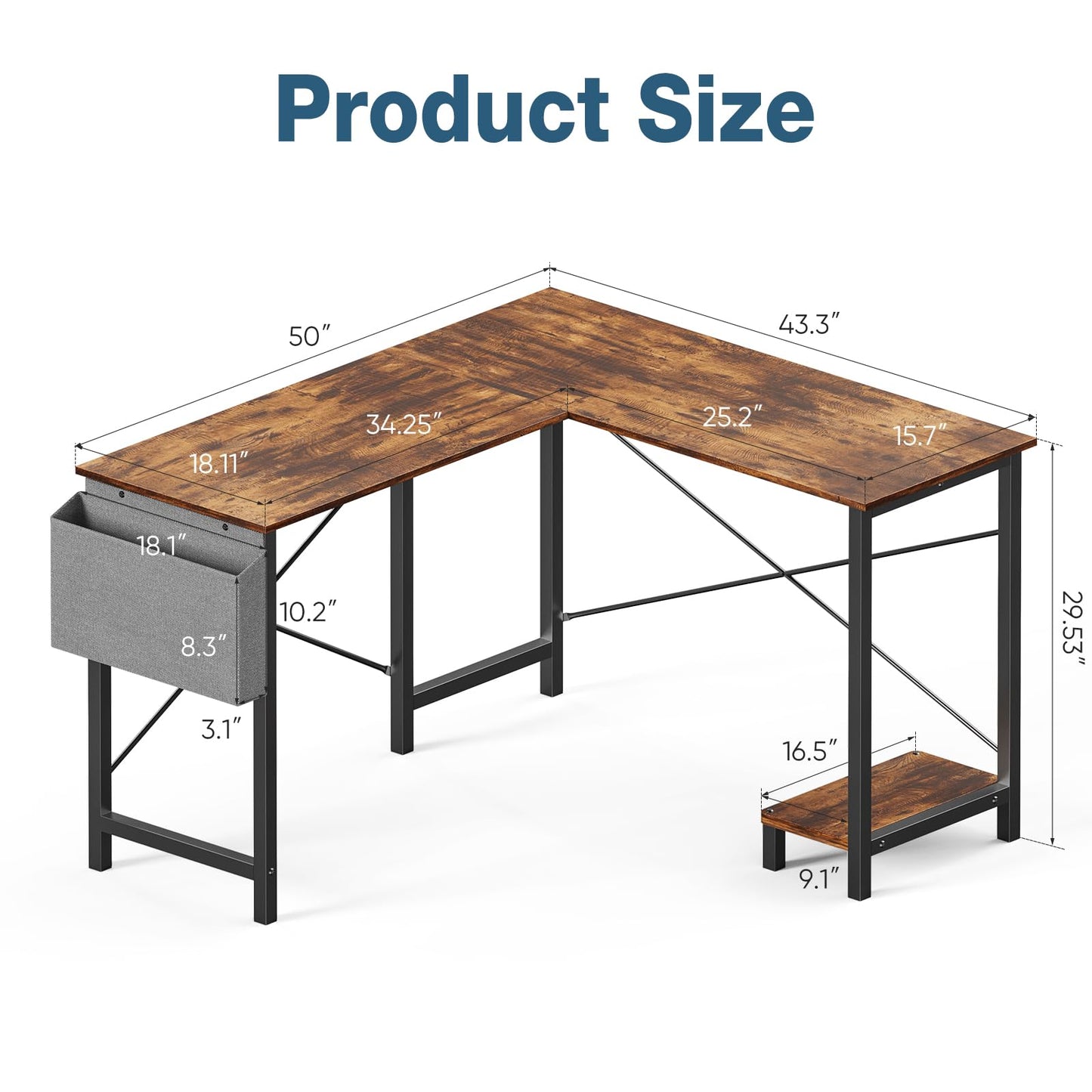 OLIXIS L Shaped Desk, 50-Inch Office Computer Gaming Desks Corner PC Table with Side Bag and Reversible Shelf for Home Work Study Writing Rustic Brown