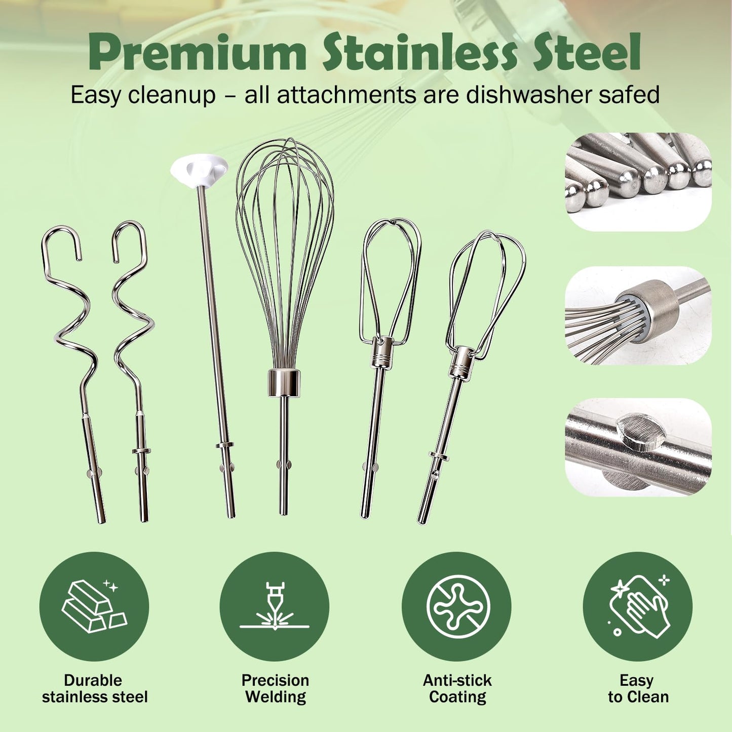 Hand Mixer Attachments, 6 Pcs Stainless Steel Set Turbo Beater, Pro Whisk, Dough Hooks & Blending Rod | Compatible with KitchenAid KHM3, KHM5, KHM7, KHM9, KHM512, KHM926 Series Hand Mixers