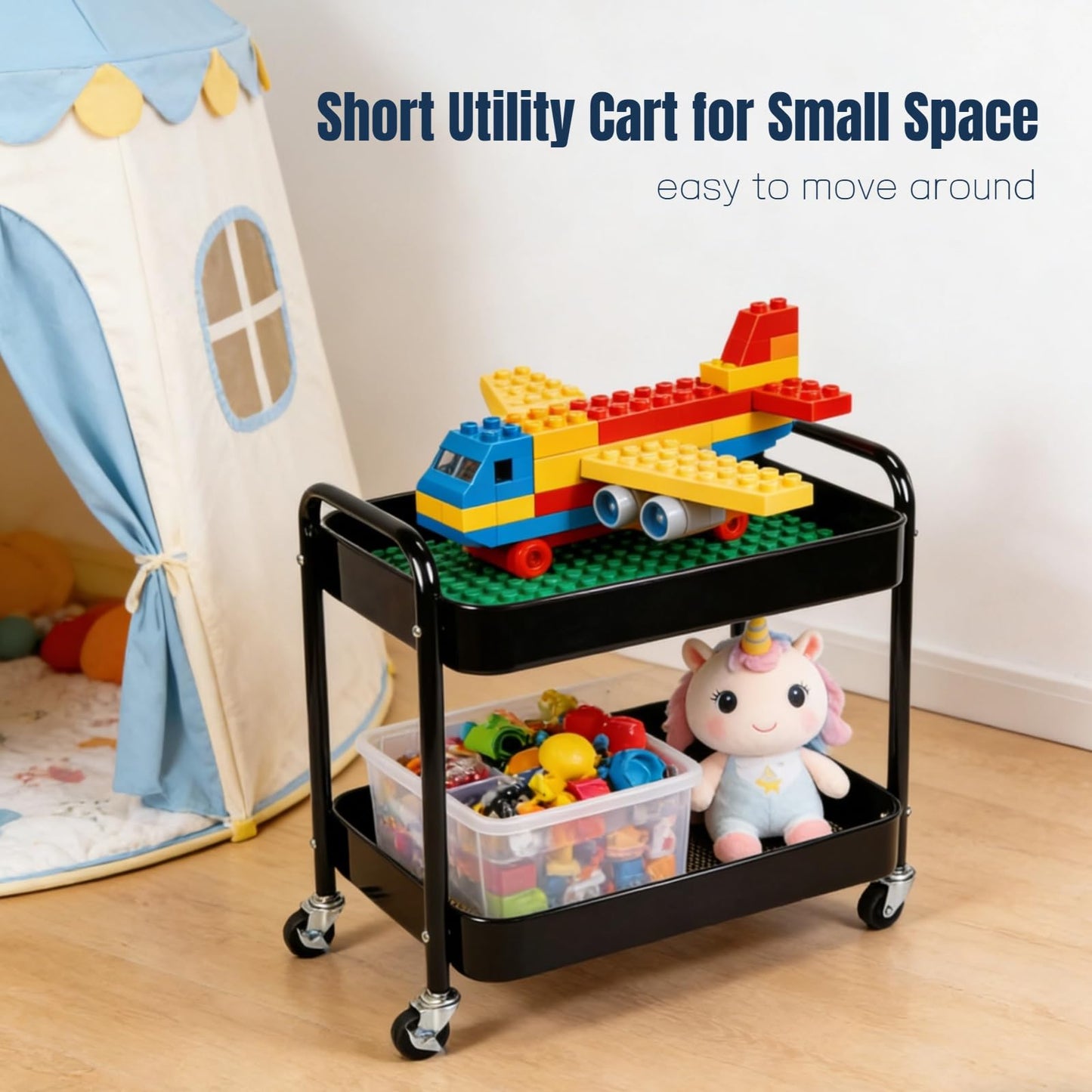 LIWNYRK 2 Tier Rolling Cart with Wheels for Under Desk Storage & Pantry Room, Large Capacity Laundry Room & Makeup Organizer, Sturdy Kitchen Utility Cart for Small Space with 4 Hooks, Black