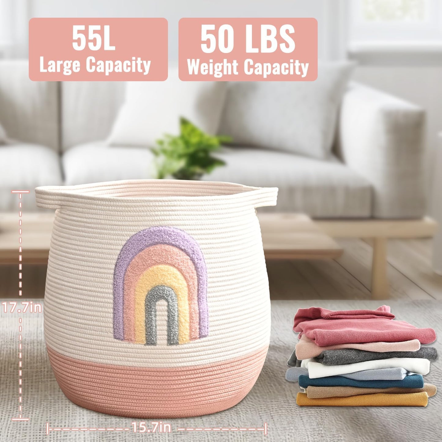 Large Baby Laundry Hamper, Rainbow Laundry Basket for Baby, Toy and Blanket Storage Basket for Nursery and Playroom, Cotton Rope Hamper for Kids, 17.7"x15.7"