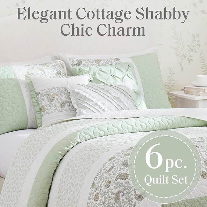 Madison Park Queen Quilt Set Cotton Coverlet Set with Cotton Filling for Queen Size Bed, All Season, Lightweight Queen Cotton Quilt Include Shams, & Décor Pillows, Dawn, Full/Queen Sage Green 6 Piece