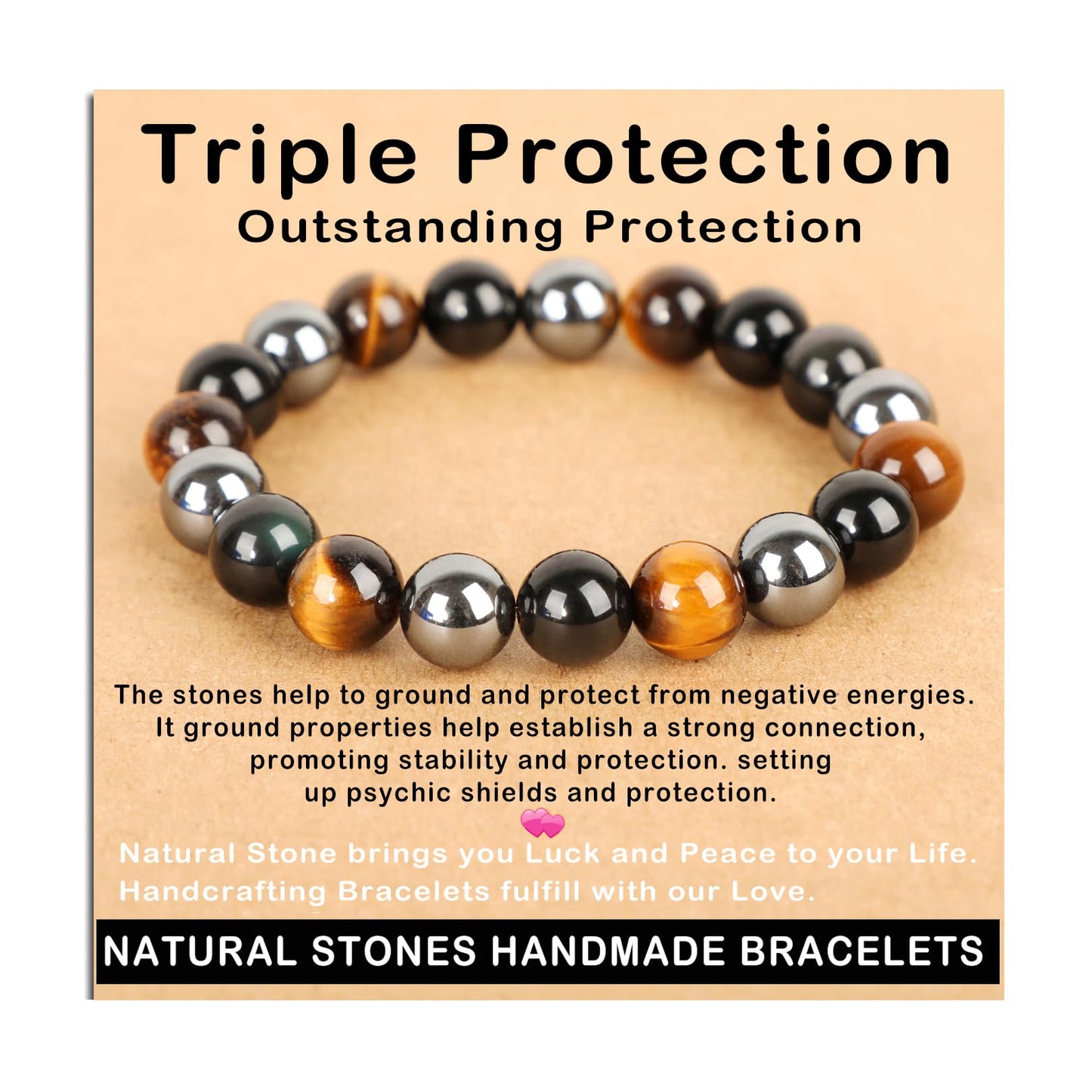 AD Beads Handmade Gemstone Stretch Elastic Bracelet Crystal Healing Reiki Nature's Beauty and Spiritual Essence Unisex (10mm, Triple Protection (Strong Protect))