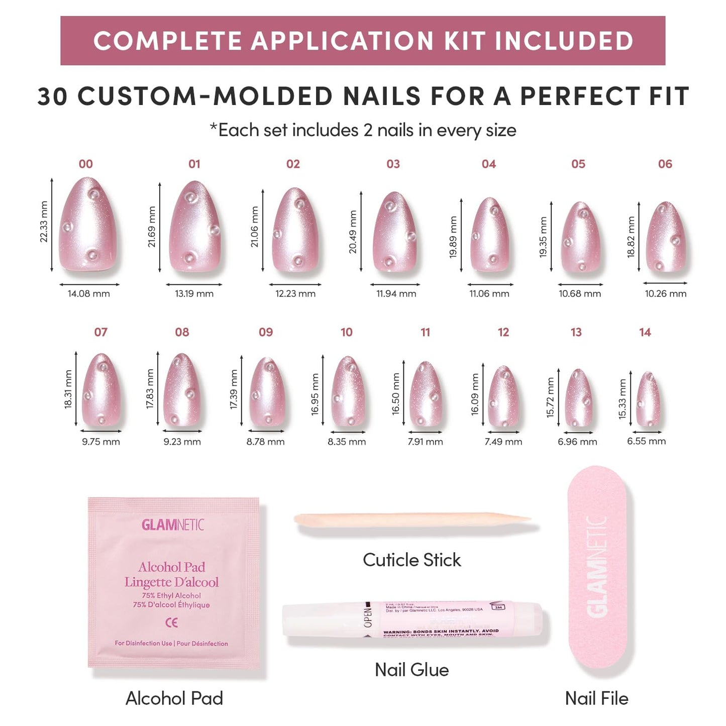 Glamnetic Press On Nails - Pearl Me Softly Spring Nails | Short Almond Fake Nails in a Soft Pastel Pink Hue with Girly 3D Pearls and a Velvet Finish | 15 Sizes - 30 Nail Kit with Glue