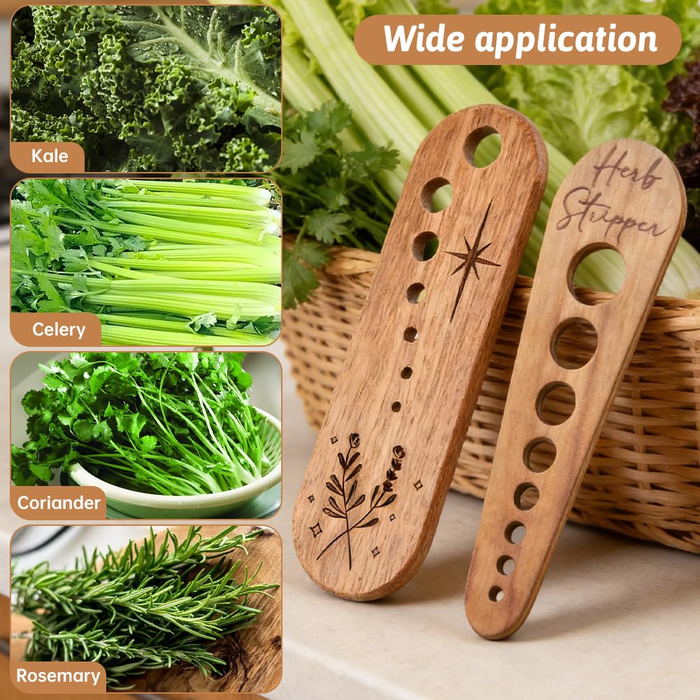 2 Wooden Vegetable Leaf Separator,Vegetable Leaf Herb Stripper Chopper Tool,with 2 Cleaning Brush,Fun Kitchen Gadgets,Exquisite Herb Stripper Bowl Gifts for Kitchen Home Chefs