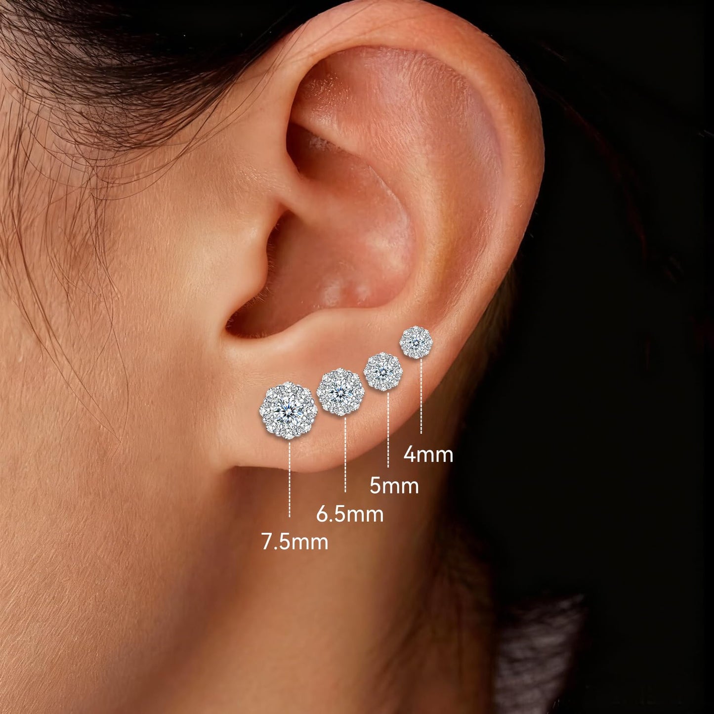 LULPS Moissanite Stud Earrings for Women, 2CT Round Cut D Color VVS1 Clarity Lab Created Diamond Earrings, 18K White Gold Plated 925 Sterling Silver Friction Back, Hypoallergenic