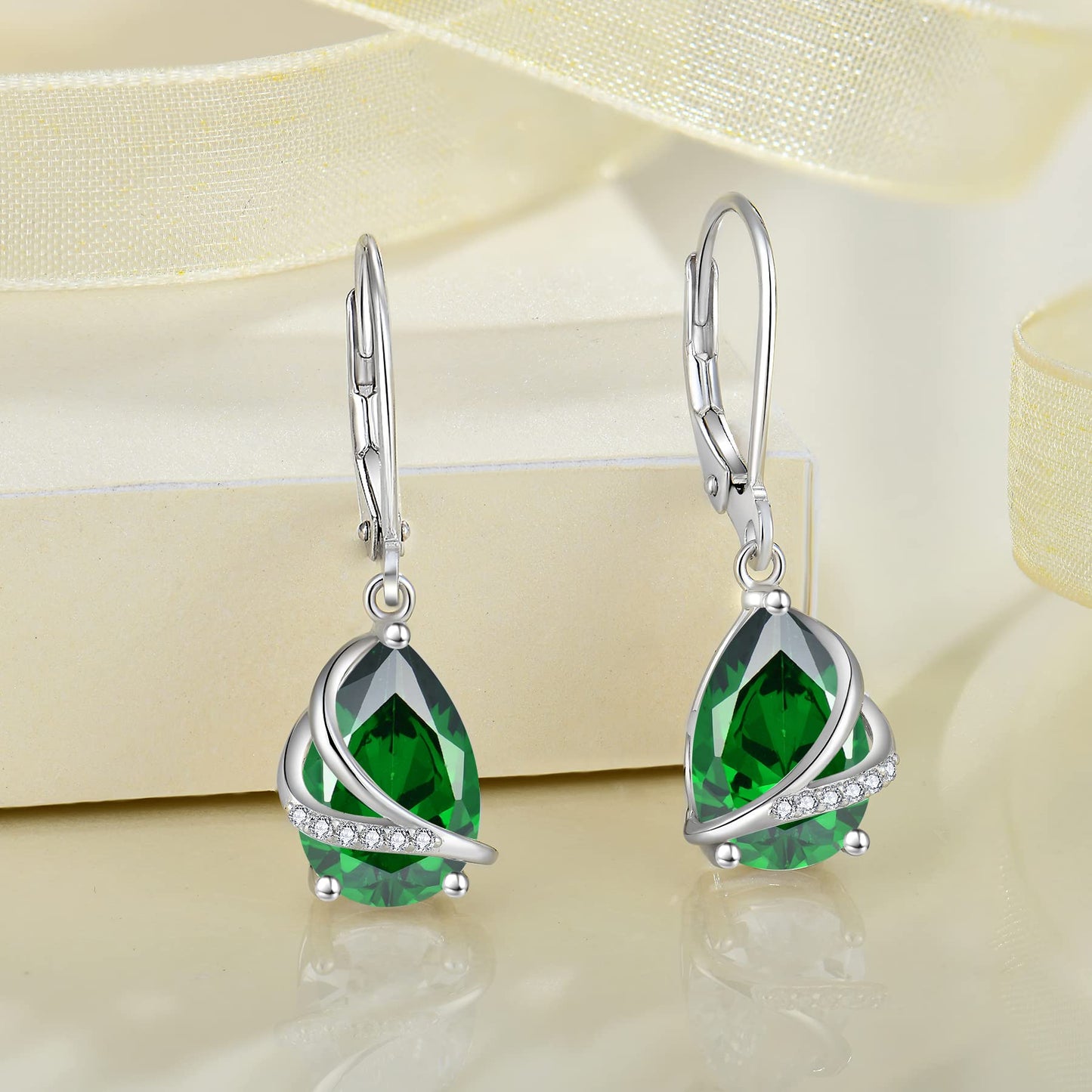 Rocayi Teardrop Emerald Earrings 925 Sterling Silver Dangle Drop Earrings May Birthstone Jewelry for Women