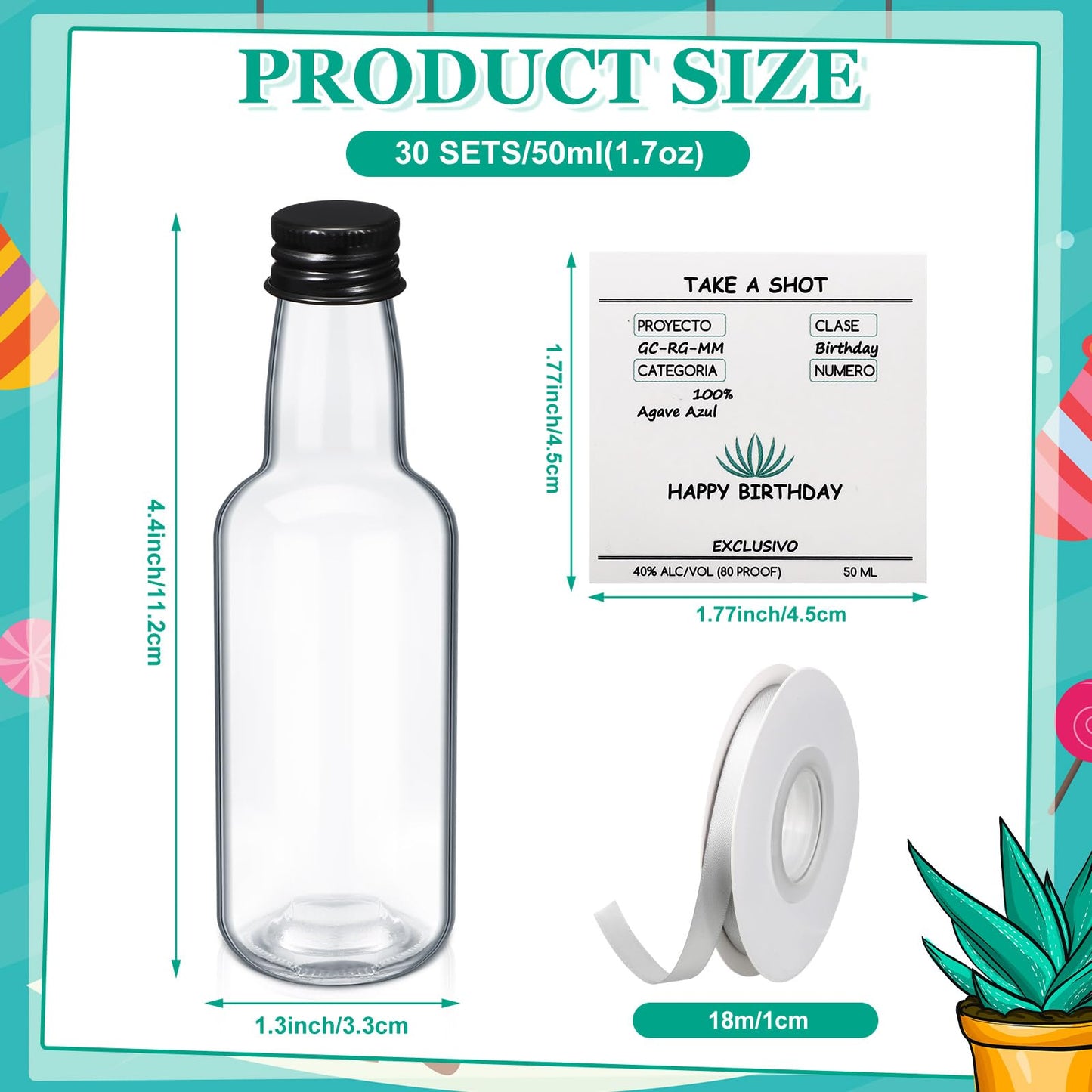 Jingmore 30 Pack 1.7oz Mini Liquor Bottles 50ml Plastic Alcohol Bottle with Cap, Labels, Ribbon for Party Supplies(Birthday,Turquoise)