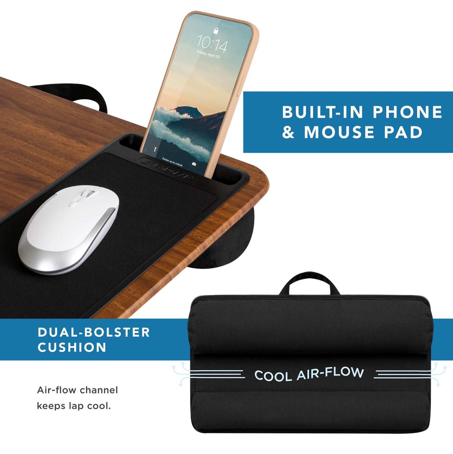 LAPGEAR Home Office Lap Desk with Device Ledge, Mouse Pad, and Phone Holder - Espresso Woodgrain - Fits up to 15.6 Inch Laptops - Style No. 91575
