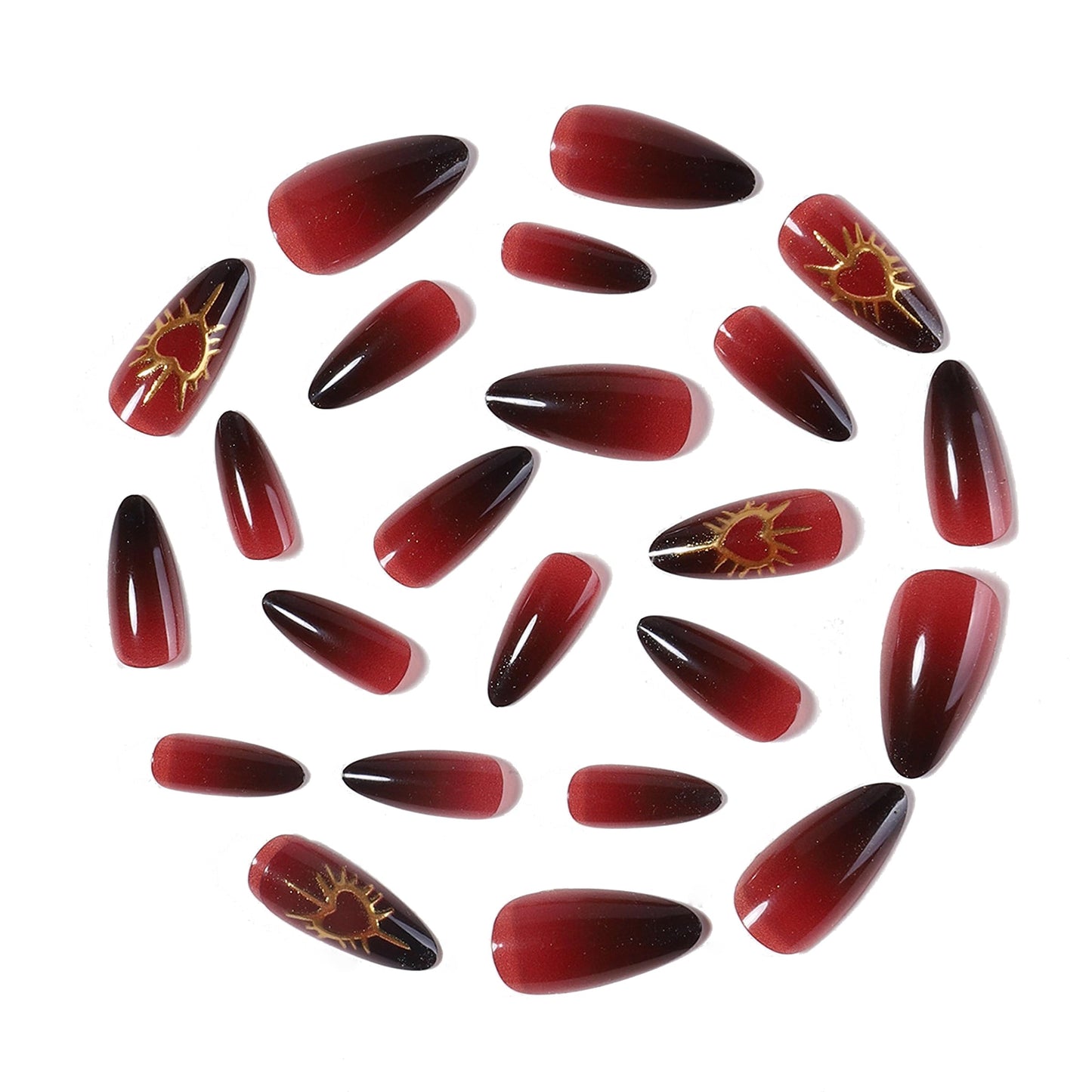 MERVF 24Pcs Medium Almond Press on Black Red Ombre French Tip Fake Nails with Gold Heart, Solid Color Design Glue ons Acrylic Glossy Finish Manicure