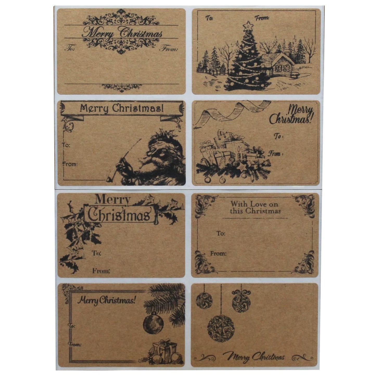 ChromaLabel 2 x 3 Inch Kraft Christmas Labels, 8 Designs, to & from Gift Tags, 32 Stickers per Variety Pack