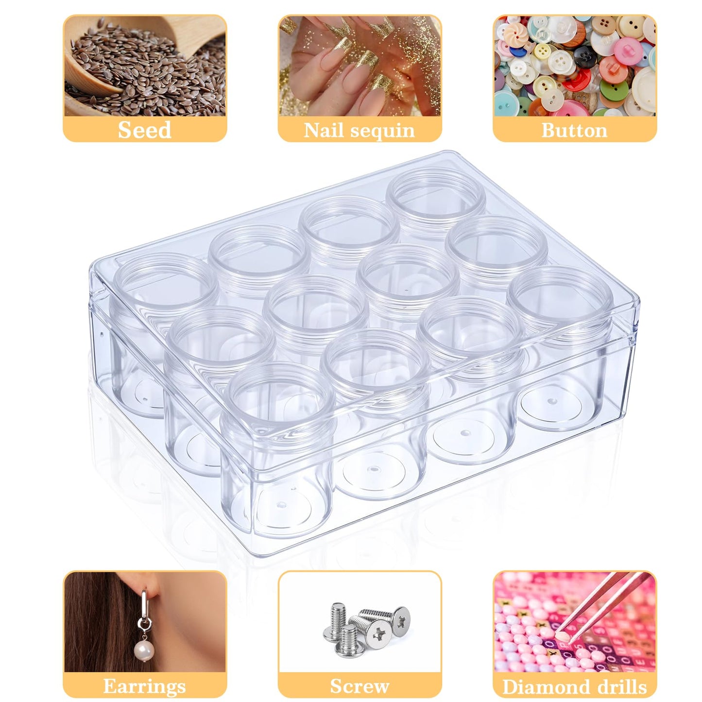 Xaajooio 2 Pack Clear Plastic Bead Storage Containers 12 Grids Portable Small Diamond Art Painting Organizer Box with Screw Lids for Jewelry, Beads, Rhinestones, Crafts, and DIY Accessories