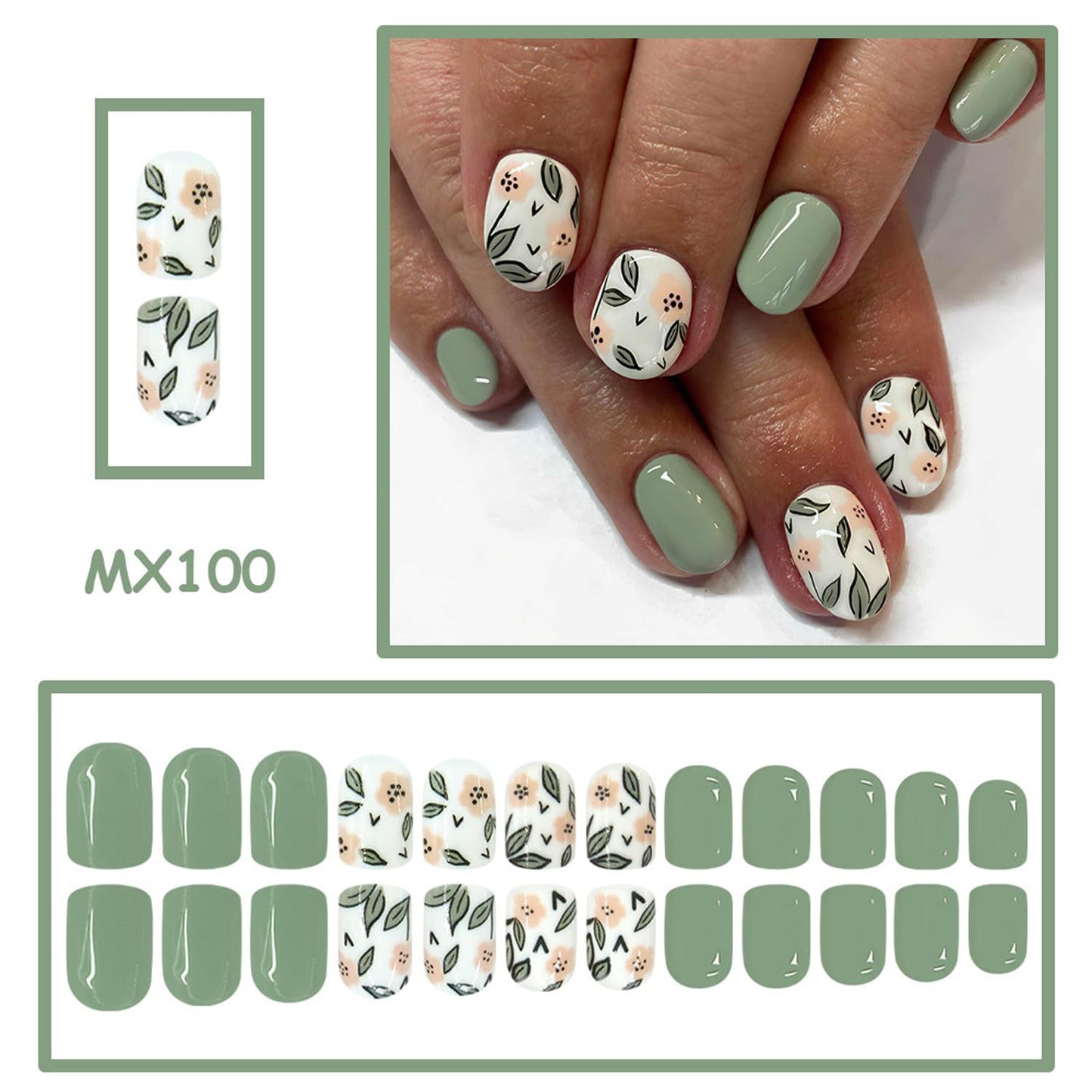 Square Press On Nails Short Fake Nails Flower With Leaf Design Green False Nails Acrylic Full Cover Artificial Glue On Nail Glossy Reusable Cute Stick On Nails For Women Manicure Art 24pcs