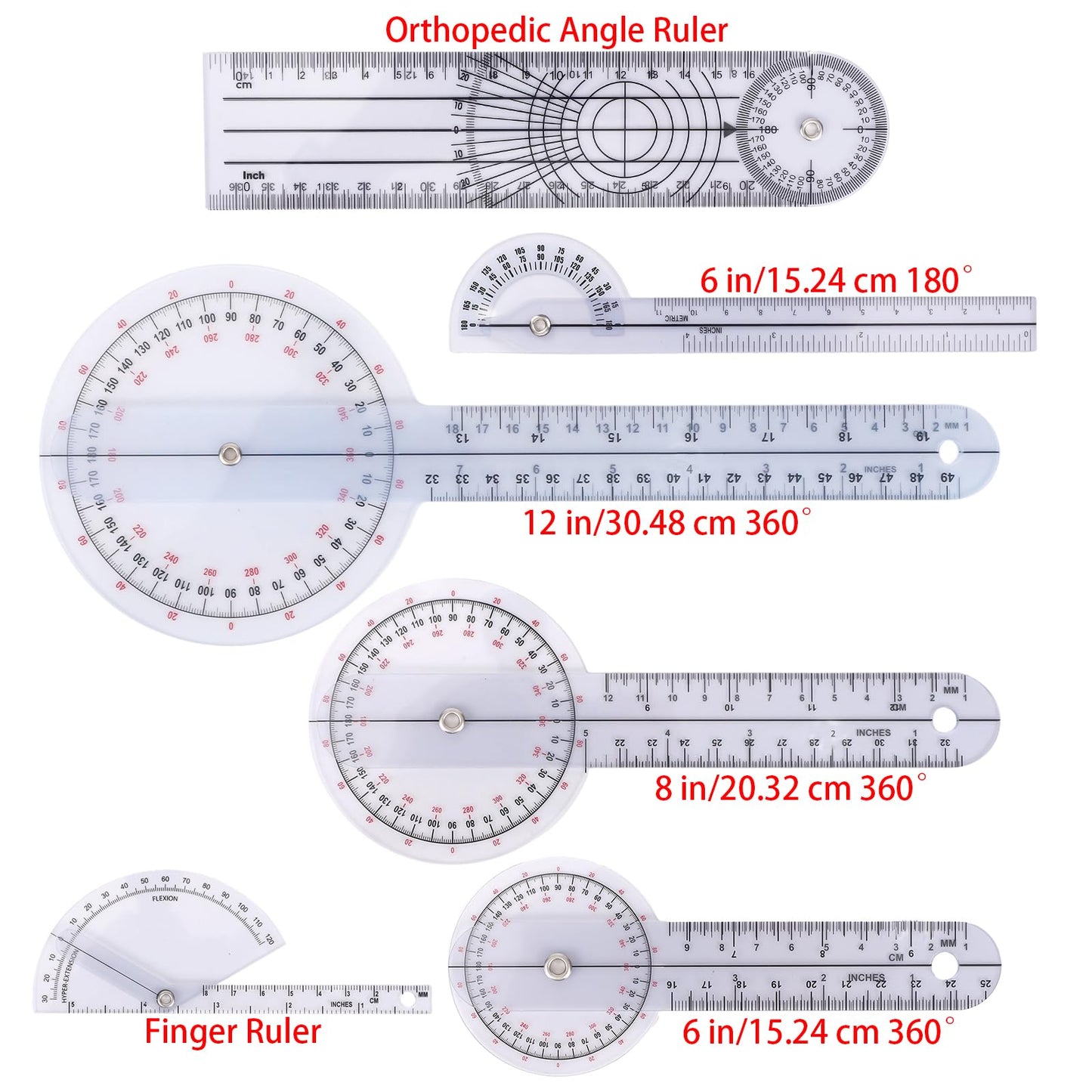 6pcs Goniometer Set, 360 Degree Transparent Finger Protractor 6/8/12 Inch Angle Ruler Measurement Tool for Physical